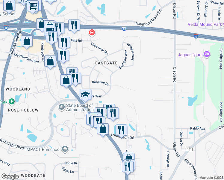 map of restaurants, bars, coffee shops, grocery stores, and more near 2109 Eastgate Way in Tallahassee