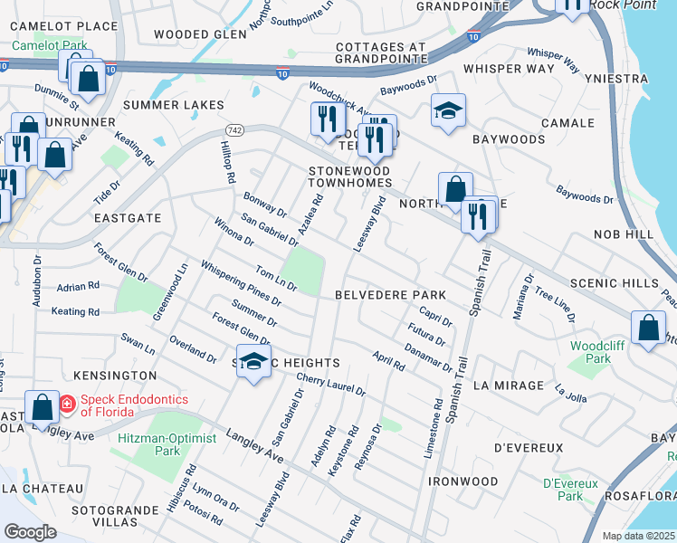 map of restaurants, bars, coffee shops, grocery stores, and more near 5920 San Gabriel Drive in Pensacola