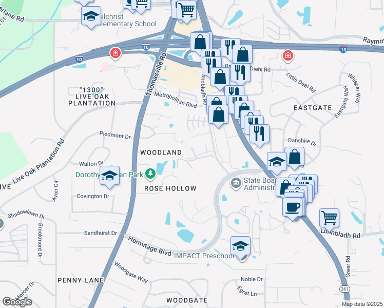 map of restaurants, bars, coffee shops, grocery stores, and more near 3150 Windsong Drive in Tallahassee