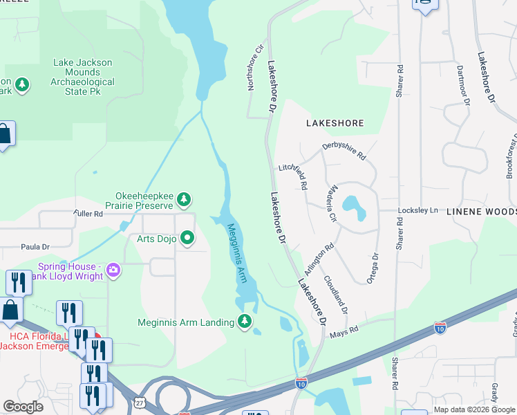 map of restaurants, bars, coffee shops, grocery stores, and more near 3158 Lakeshore Drive in Tallahassee
