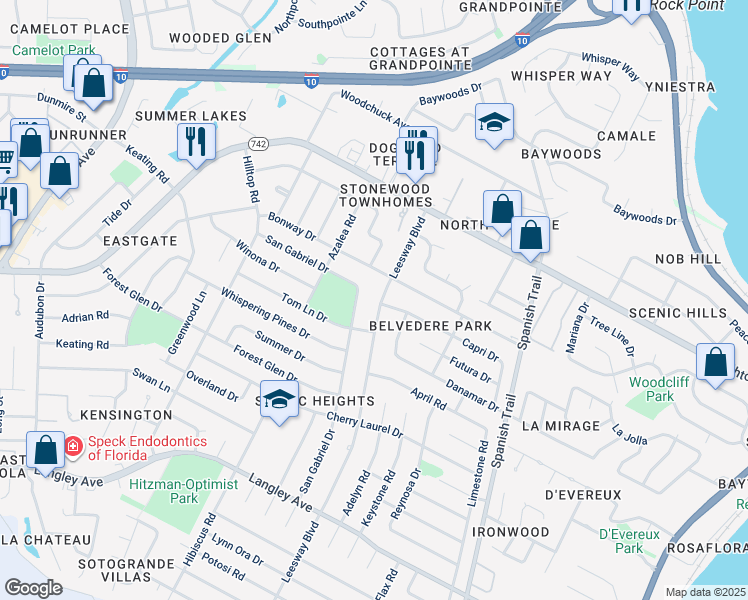 map of restaurants, bars, coffee shops, grocery stores, and more near 5920 San Gabriel Drive in Pensacola