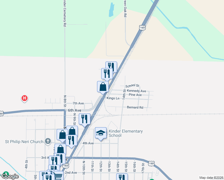 map of restaurants, bars, coffee shops, grocery stores, and more near Missouri Street in Kinder