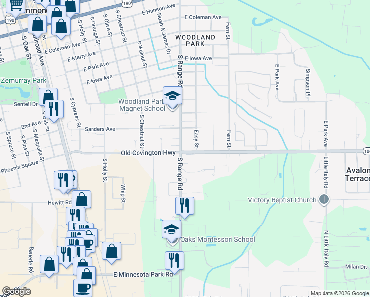map of restaurants, bars, coffee shops, grocery stores, and more near 1304 South Range Road in Hammond