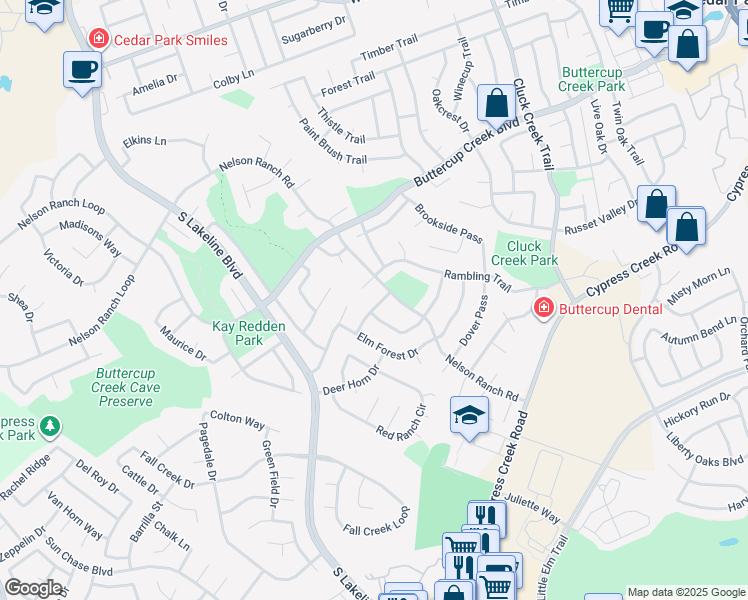 map of restaurants, bars, coffee shops, grocery stores, and more near 1307 Deep Brook Path in Cedar Park