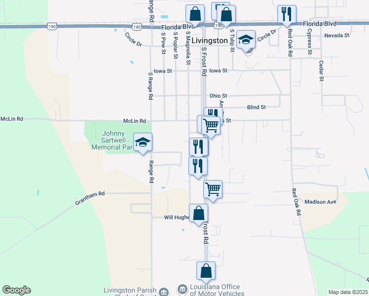 map of restaurants, bars, coffee shops, grocery stores, and more near 29368 Quezada Drive in Livingston