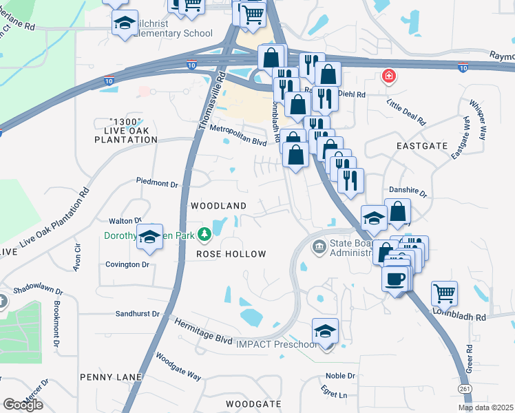 map of restaurants, bars, coffee shops, grocery stores, and more near 3150 Windsong Drive in Tallahassee