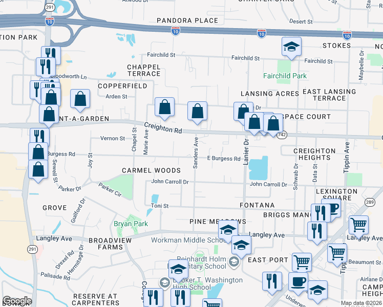 map of restaurants, bars, coffee shops, grocery stores, and more near 1445 East Burgess Road in Pensacola