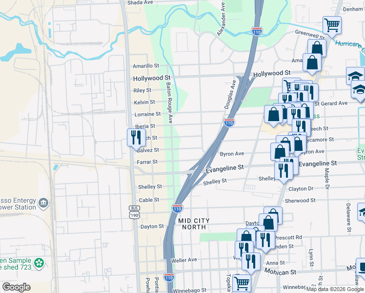 map of restaurants, bars, coffee shops, grocery stores, and more near 2554 Galvez Street in Baton Rouge
