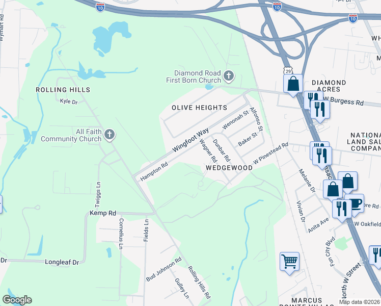 map of restaurants, bars, coffee shops, grocery stores, and more near 6609 Hampton Road in Pensacola
