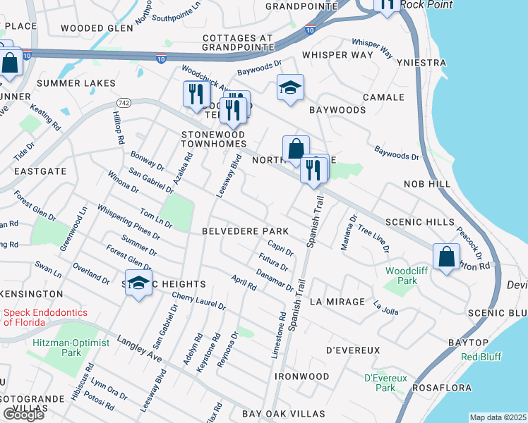 map of restaurants, bars, coffee shops, grocery stores, and more near 4153 Aqua Vista Drive in Pensacola