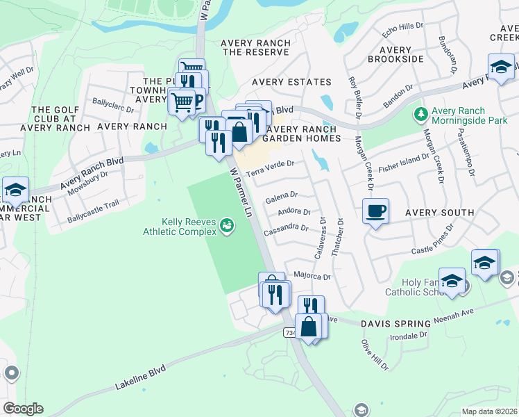 map of restaurants, bars, coffee shops, grocery stores, and more near 14930 Galena Drive in Austin