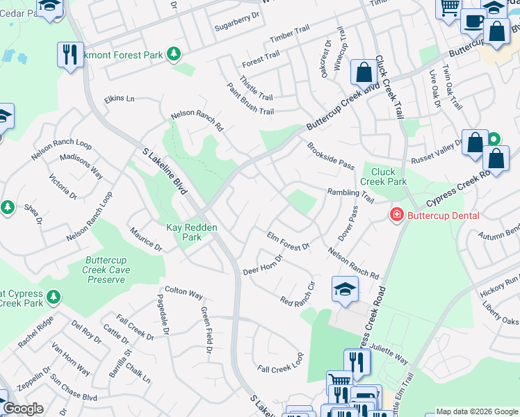 map of restaurants, bars, coffee shops, grocery stores, and more near 1403 Deep Brook Path in Cedar Park