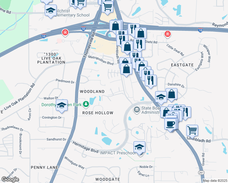 map of restaurants, bars, coffee shops, grocery stores, and more near 3150 Windsong Drive in Tallahassee