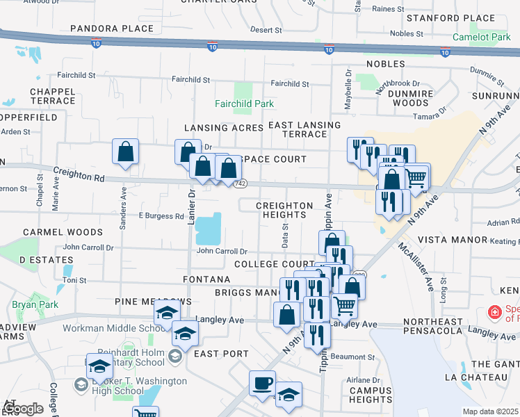 map of restaurants, bars, coffee shops, grocery stores, and more near 6708 Schwab Drive in Pensacola