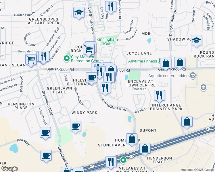 map of restaurants, bars, coffee shops, grocery stores, and more near 1875 A.W. Grimes Boulevard in Round Rock