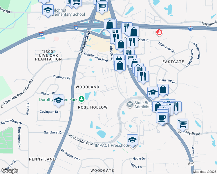 map of restaurants, bars, coffee shops, grocery stores, and more near 3150 Windsong Drive in Tallahassee