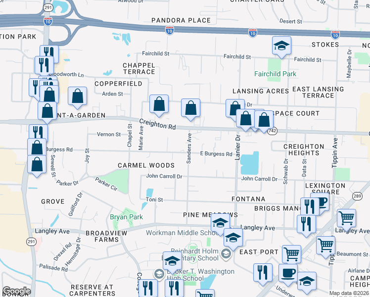map of restaurants, bars, coffee shops, grocery stores, and more near 1445 East Burgess Road in Pensacola