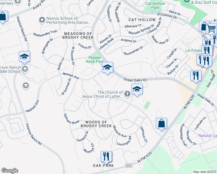 map of restaurants, bars, coffee shops, grocery stores, and more near 8717 Ken Aaron Court in Austin