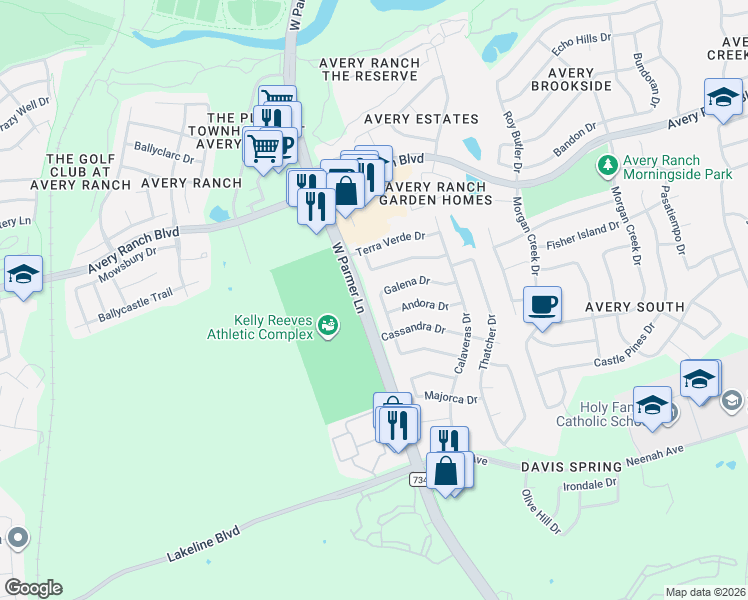 map of restaurants, bars, coffee shops, grocery stores, and more near 14930 Galena Drive in Austin