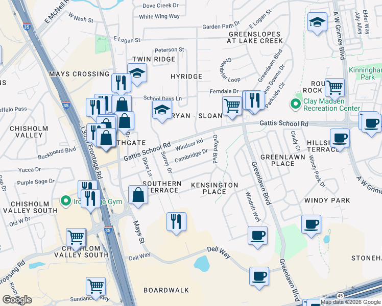 map of restaurants, bars, coffee shops, grocery stores, and more near 696 Cambridge Drive in Round Rock
