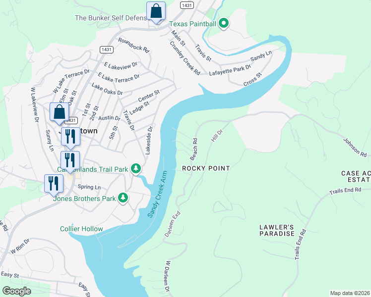 map of restaurants, bars, coffee shops, grocery stores, and more near 11006 Beach Road in Leander