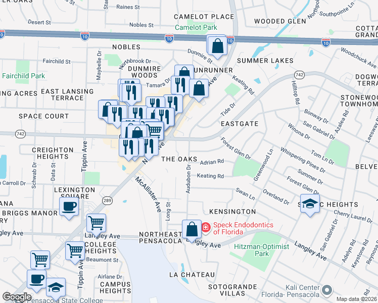 map of restaurants, bars, coffee shops, grocery stores, and more near 6134 Audubon Drive in Pensacola