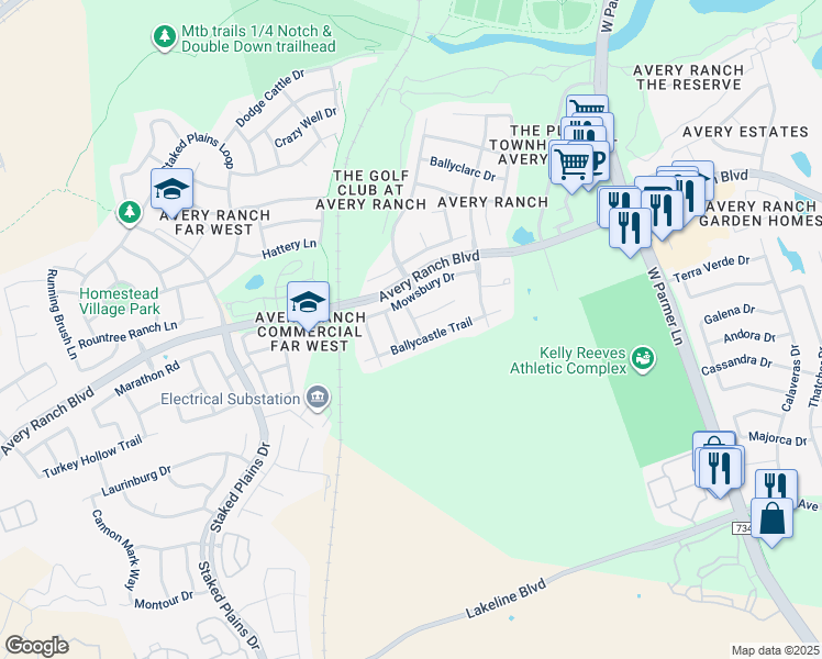 map of restaurants, bars, coffee shops, grocery stores, and more near 14405 Ballycastle Trail in Austin