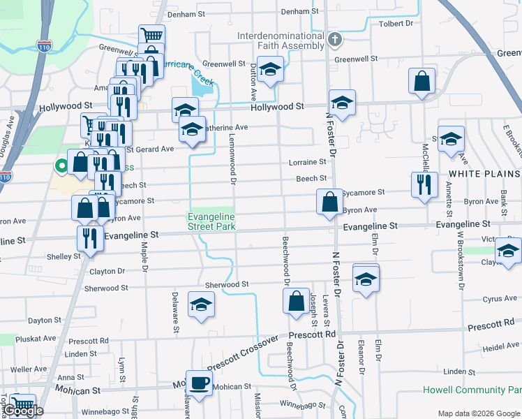 map of restaurants, bars, coffee shops, grocery stores, and more near 4537 Evangeline Street in Baton Rouge