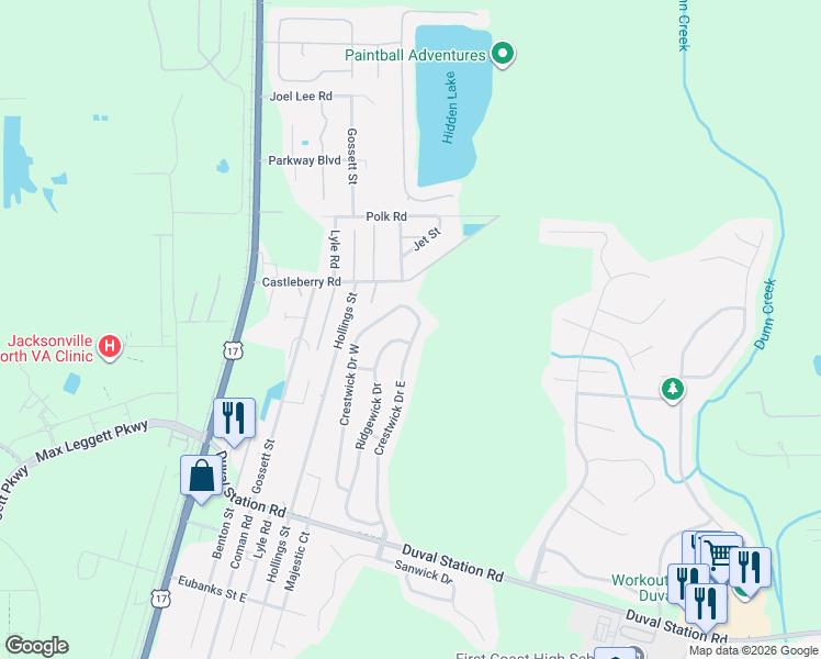 map of restaurants, bars, coffee shops, grocery stores, and more near 14114 Crestwick Drive East in Jacksonville