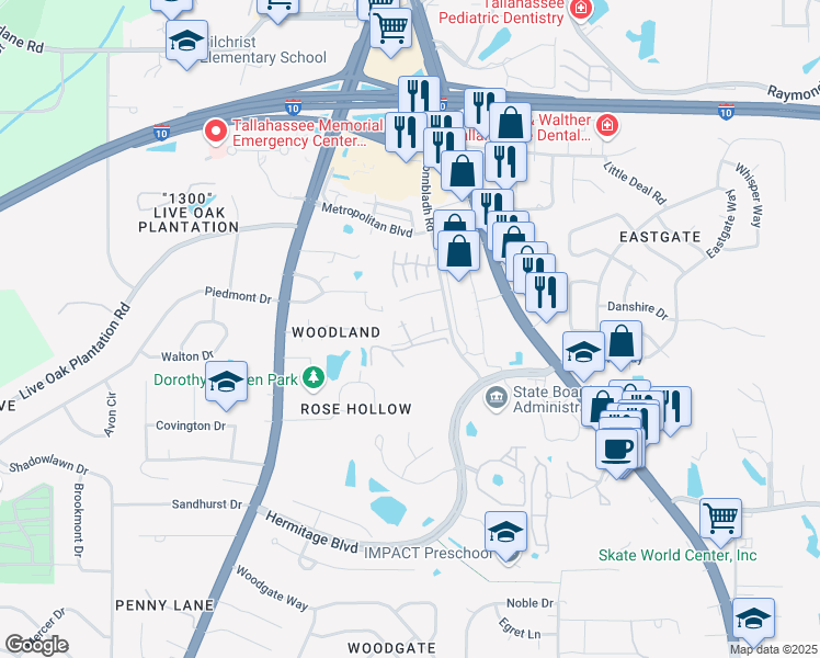 map of restaurants, bars, coffee shops, grocery stores, and more near 3150 Windsong Drive in Tallahassee