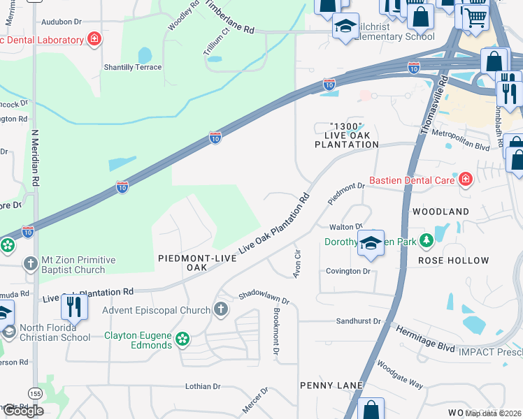 map of restaurants, bars, coffee shops, grocery stores, and more near 930 Live Oak Plantation Road in Tallahassee