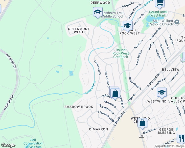 map of restaurants, bars, coffee shops, grocery stores, and more near 1704 West Creek Loop in Round Rock