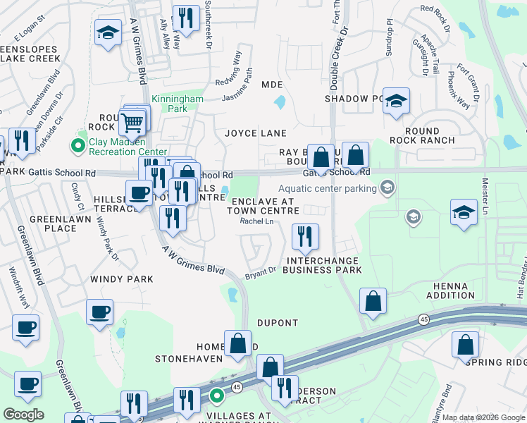 map of restaurants, bars, coffee shops, grocery stores, and more near 2024 Rachel Lane in Round Rock