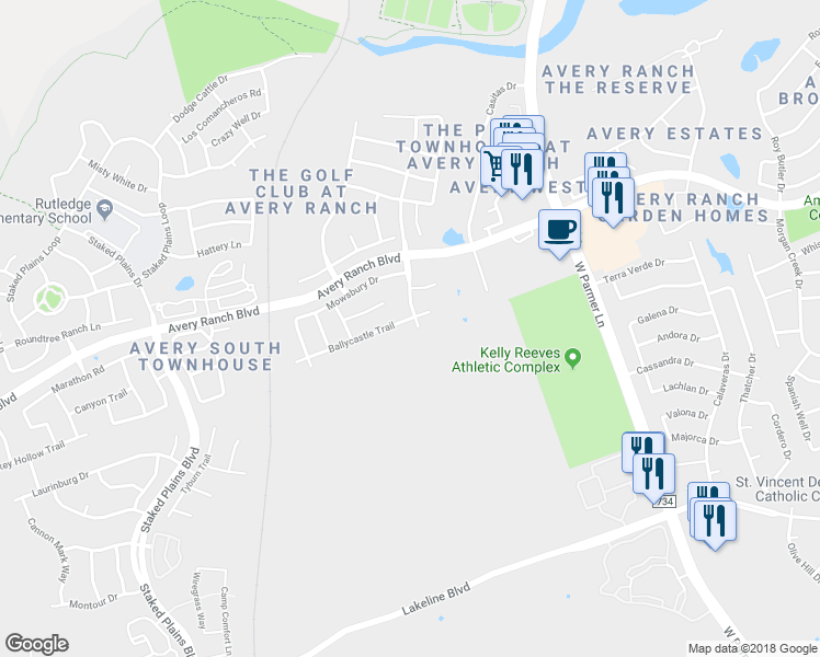 map of restaurants, bars, coffee shops, grocery stores, and more near 14525 Ballycastle Trail in Austin
