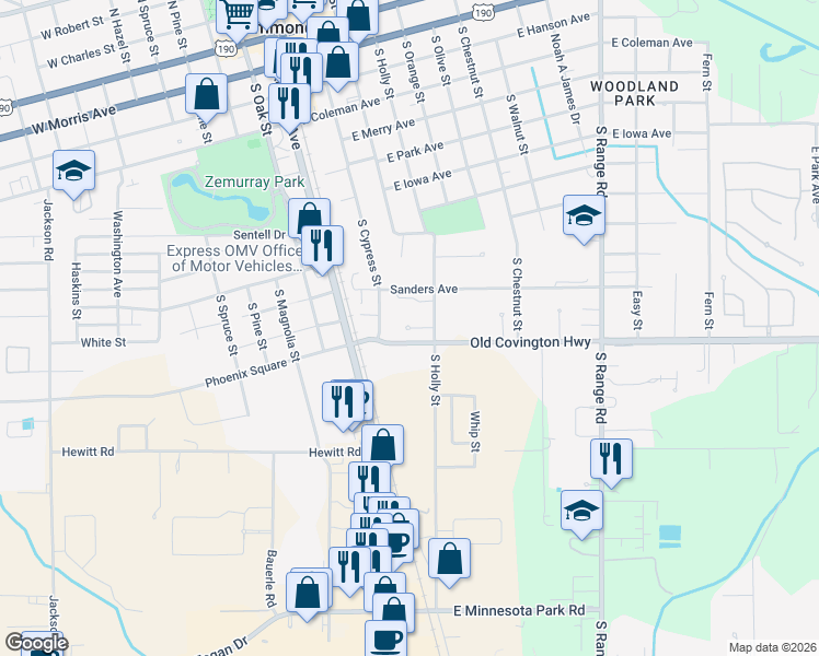 map of restaurants, bars, coffee shops, grocery stores, and more near 112 Aurora Boulevard in Hammond