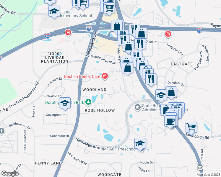 map of restaurants, bars, coffee shops, grocery stores, and more near 3150 Windsong Drive in Tallahassee