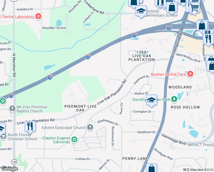 map of restaurants, bars, coffee shops, grocery stores, and more near 930 Live Oak Plantation Road in Tallahassee