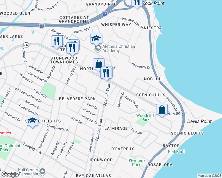 map of restaurants, bars, coffee shops, grocery stores, and more near 6954 Spanish Trail Road in Pensacola