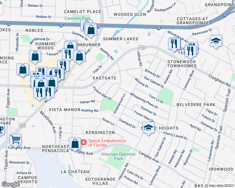 map of restaurants, bars, coffee shops, grocery stores, and more near 6030 Keating Road in Pensacola