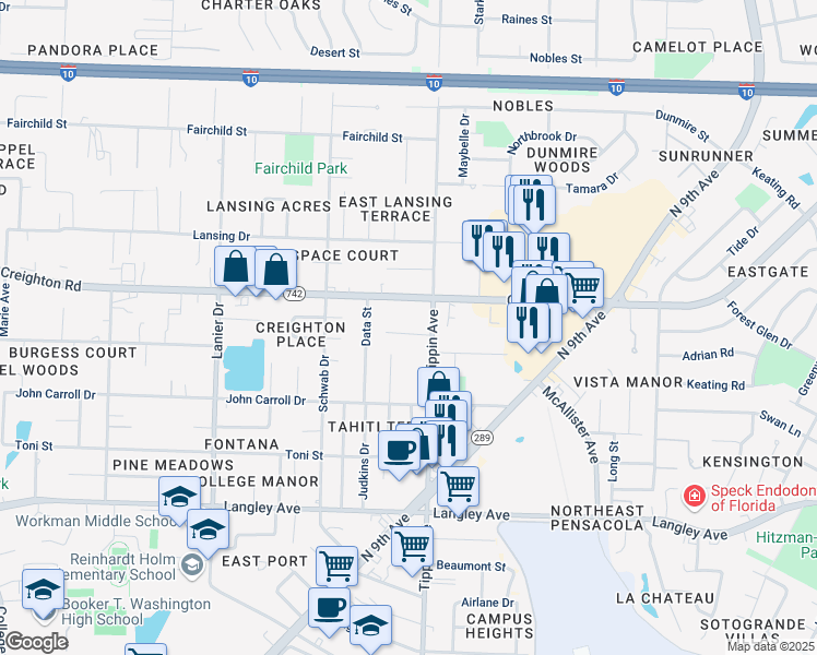 map of restaurants, bars, coffee shops, grocery stores, and more near 2265 Creighton Road in Pensacola