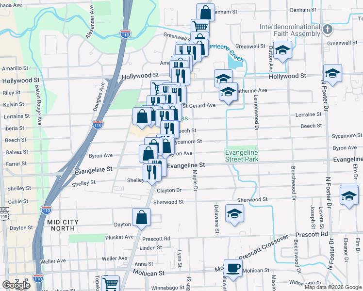 map of restaurants, bars, coffee shops, grocery stores, and more near 3572 Beech Street in Baton Rouge