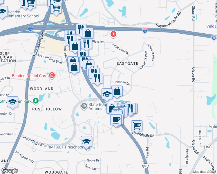 map of restaurants, bars, coffee shops, grocery stores, and more near 2635 Byron Circle in Tallahassee
