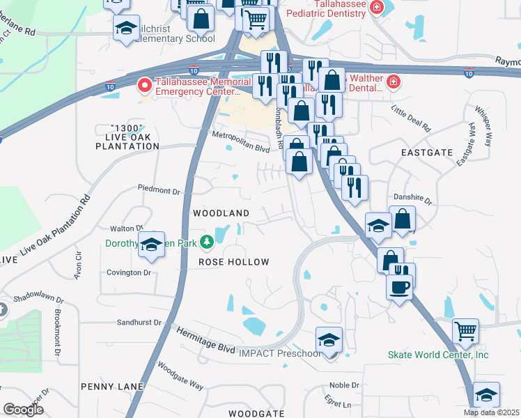 map of restaurants, bars, coffee shops, grocery stores, and more near 1601 Springwood Drive in Tallahassee