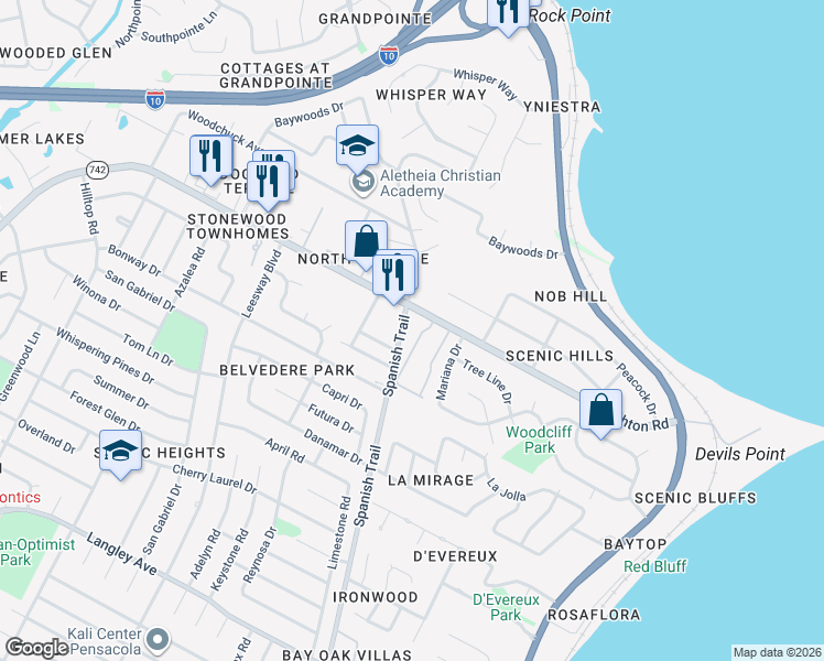 map of restaurants, bars, coffee shops, grocery stores, and more near 4233 Creighton Road in Pensacola