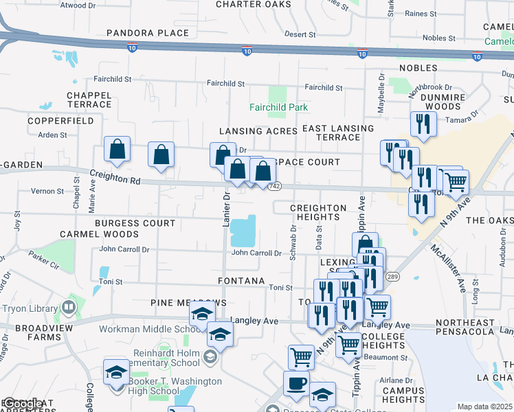 map of restaurants, bars, coffee shops, grocery stores, and more near 1921 Creighton Road in Pensacola