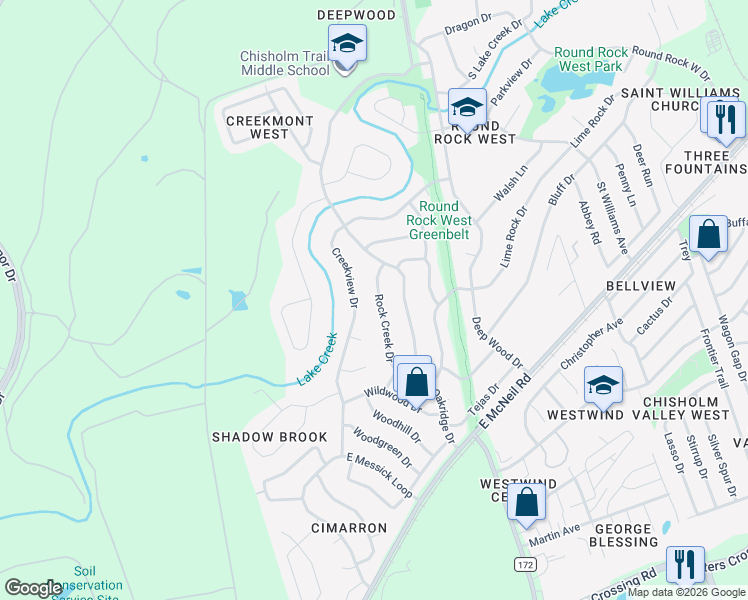 map of restaurants, bars, coffee shops, grocery stores, and more near 1503 Rock Creek Drive in Round Rock