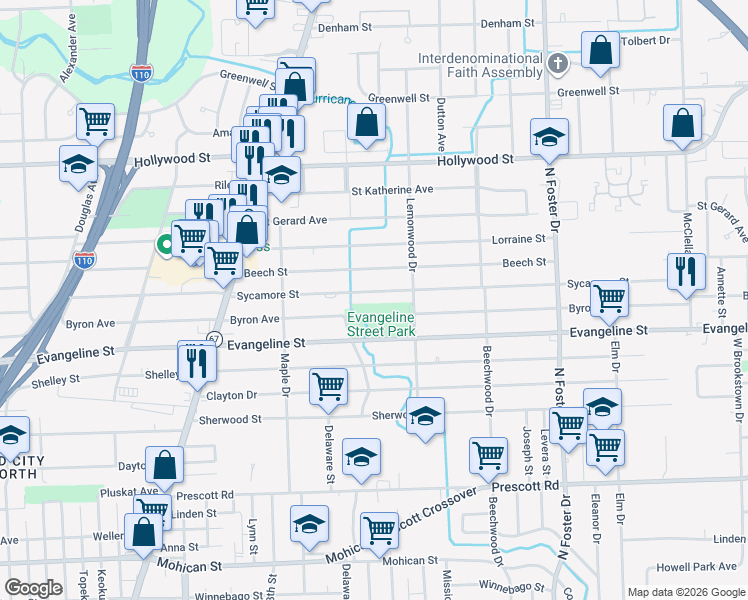 map of restaurants, bars, coffee shops, grocery stores, and more near 4033 Sycamore Street in Baton Rouge