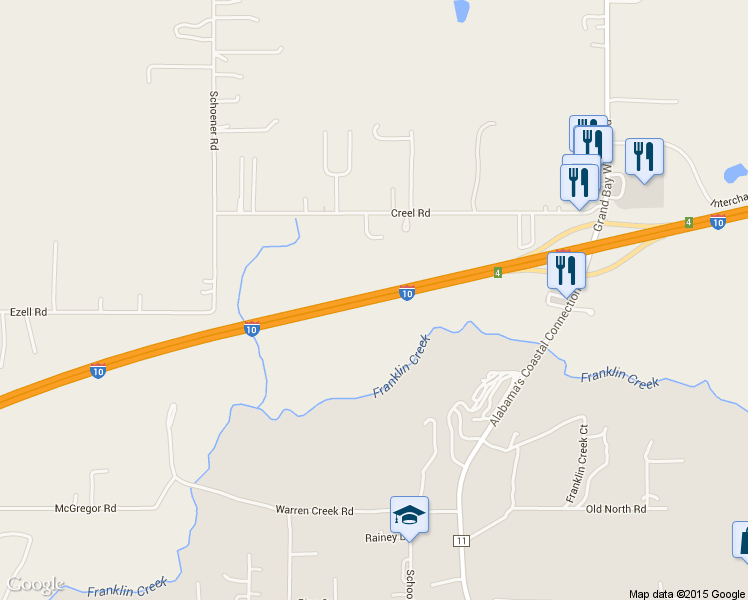 map of restaurants, bars, coffee shops, grocery stores, and more near Interstate 10 in Grand Bay