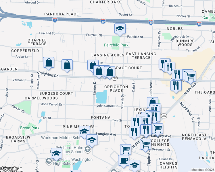 map of restaurants, bars, coffee shops, grocery stores, and more near 1921 Creighton Road in Pensacola