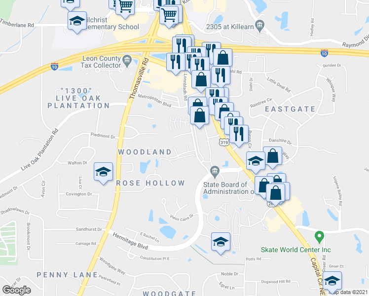 map of restaurants, bars, coffee shops, grocery stores, and more near 1673 Springwood Drive in Tallahassee